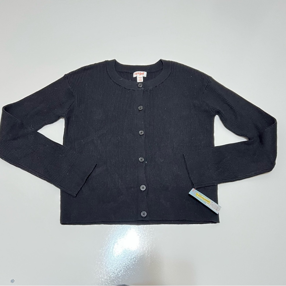 NWT Cat & Jack Girl's Black Ribbed Button-Down Cardigan XL